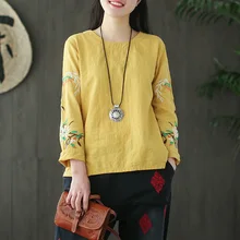 Qpfjqd сезон: весна–лето новые женские руки Вышивка хлопок белье литература Ретро Леди Свободные Повседневное одежда с длинным рукавом O Средства ухода за кожей шеи Футболка