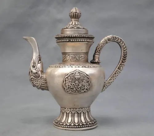 

8'' China Silver Bronze Wine Pot Bottle Carve Auspicious Pattern Healing Medicine Decoration 100% Brass Bronze