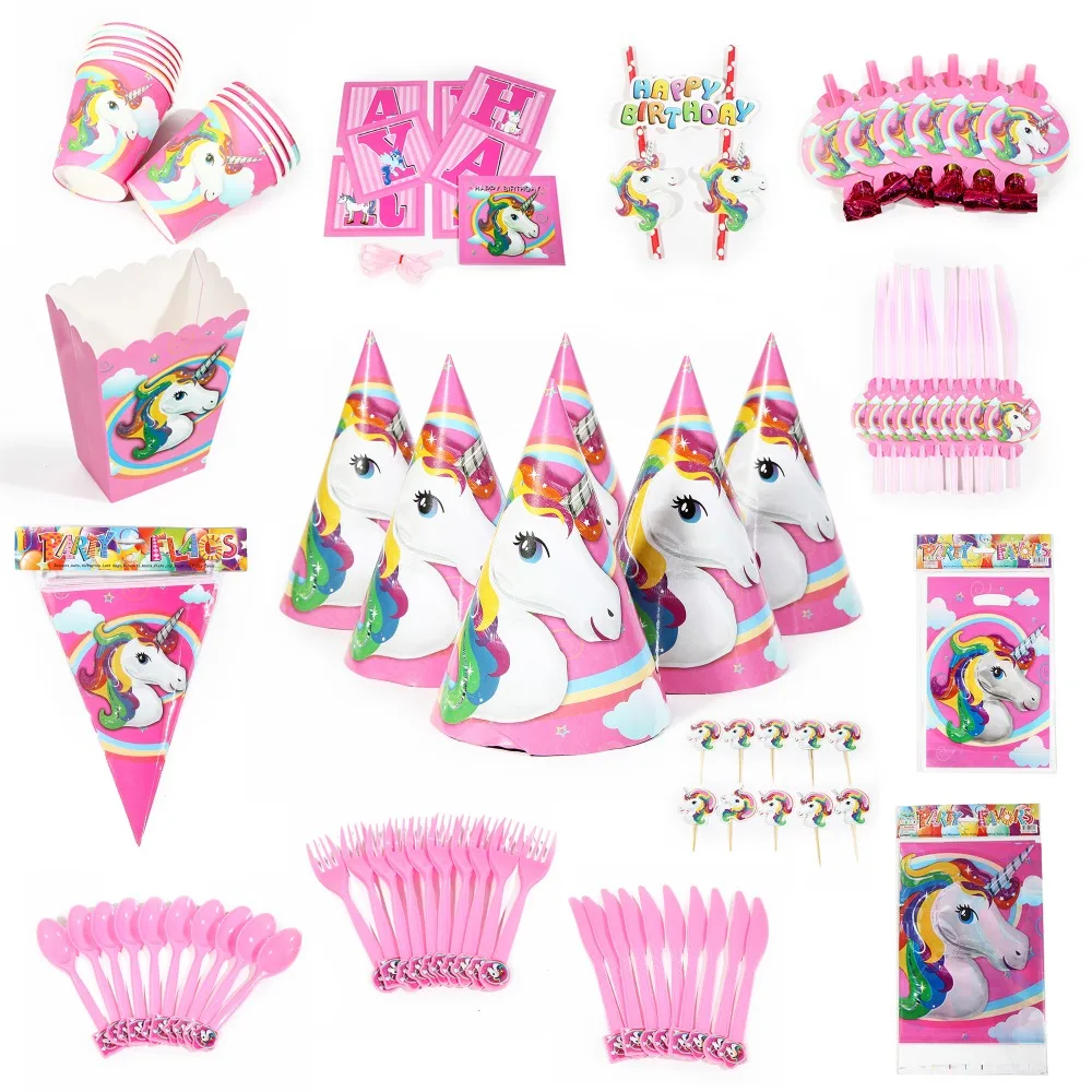 

148PCS Wholesale Unicon Theme Paper Flags Napkin Cap Party decoration Baby Happy Birthday wedding event party supplies for kids