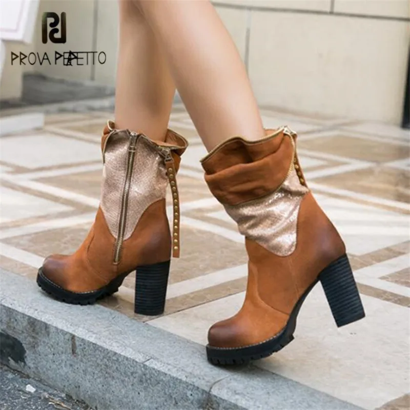 

Prova Perfetto Retro Handmade Women Autumn Winter Ankle Boots Chunky High Heel Short Botas Mujer Platform Rubber Shoes Woman