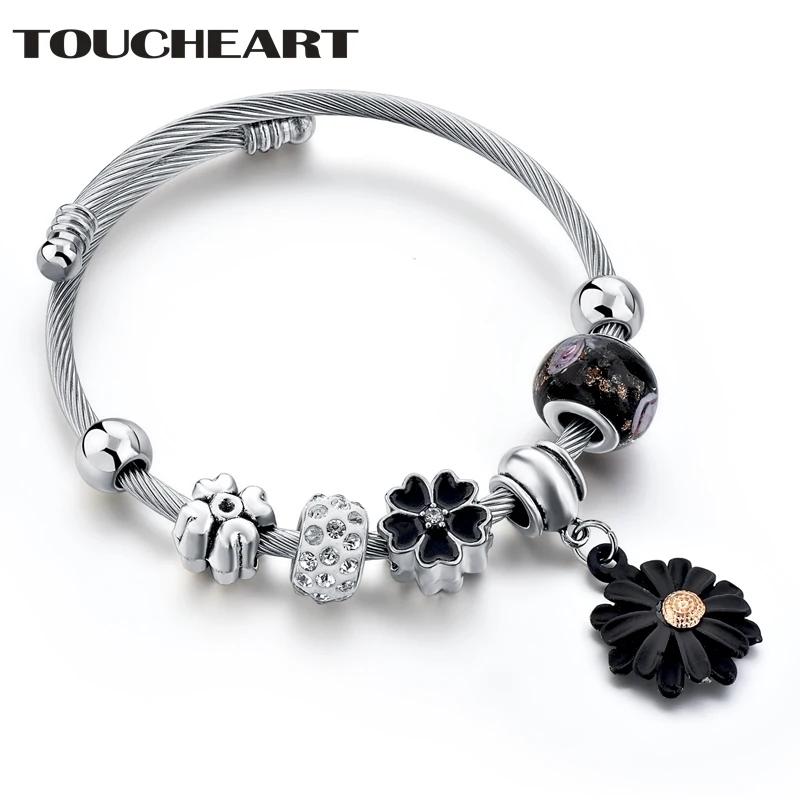 

TOUCHEART Black Flower Cuff Bracelets Bangles Charms For Girls & Women Silver Manchette Vintage Luxury Brand Bracelets SBR180112