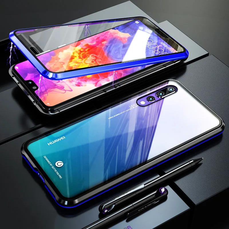 الفاخرة كامل الجسم التغطية حافظة لهاتف Huawei P20 برو المغناطيسي حالة صدمات واضح الزجاج الغلاف الخلفي لهواوي P20Pro حالة P 20