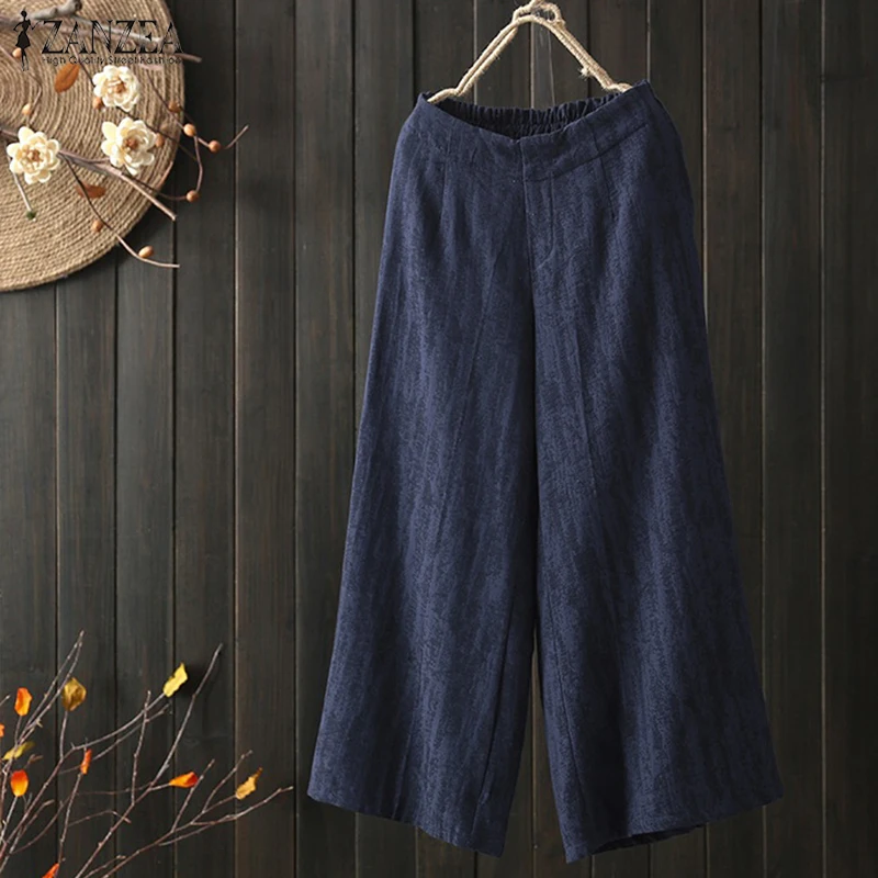 

ZANZEA Elegant Causul Women Wide Leg Trousers Ladies High Waist Plus Size Pant Female Baggy Solid Pantalon With Pockets Pants