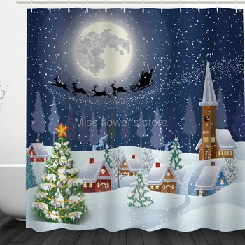 

Merry Christmas Santa Claus Elk Pattern Design Custom Shower Curtains Bathroom Waterproof Mildew Polyester Fabric + 12 Hooks