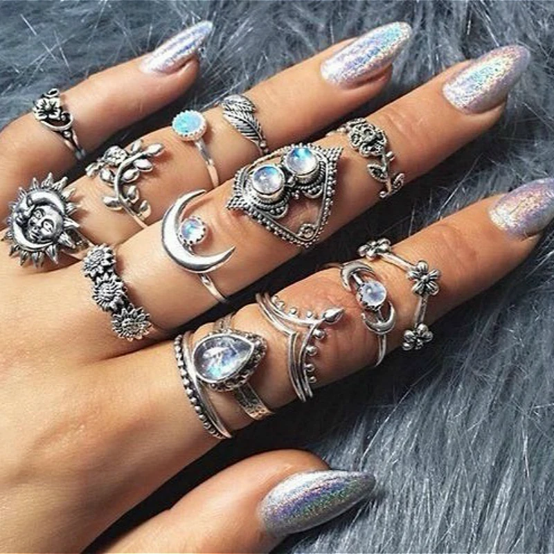 

New14 Pcs / Set Vintage Articulation Handmade Sun Opal Ring Set Leaf Flower Heart Crown Rings Ethnic Boho Statement Jewelry