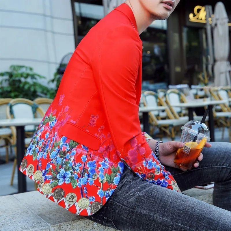 

Hot Red Slim Fit Blazer Male Vintage Flower Mens Blazer Hombre Prom Blazers For Men Wedding Male Blazer Suit Jacket Korean