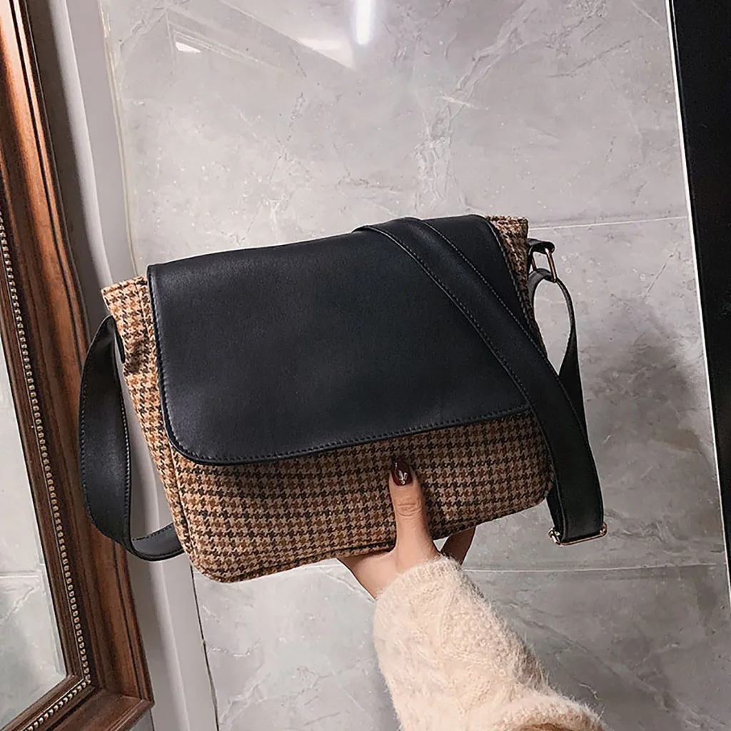 xiniu Women Retro Woolen Shoulder Bag Simple Art Casual Wide Crossbody