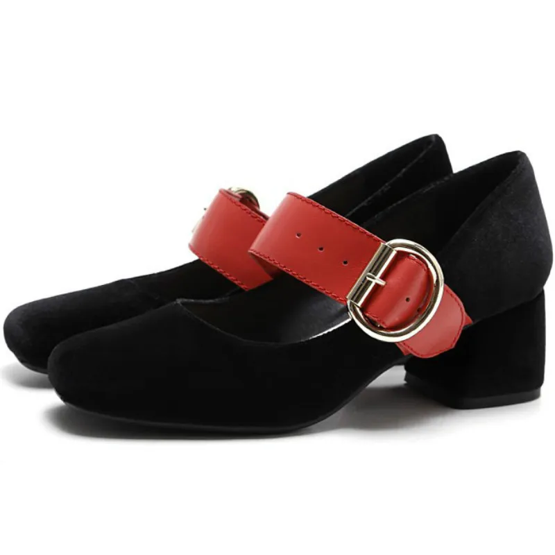 

Sweet Girl 2017 Spring fashion flock upper genuine pigskin liner thick med heel shoes woman ary Janes high heels pumps shoes