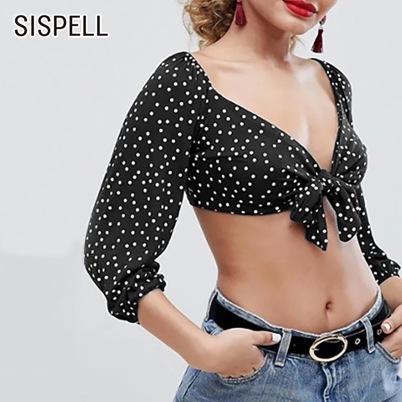 

SISPELL Summer Short Length Bandage Bow Dot T Shirt Female V Neck Puff Sleeve Dot Sexy Chiffon Women's Clothing Fashion New 2019
