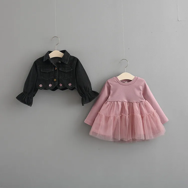 Girls Clothes Autumn 2018 Denim Coat + Mesh Dress Set Girl Suit For Baby Girl Girls Christmas Outfit Fashion Clothing For Girls102
