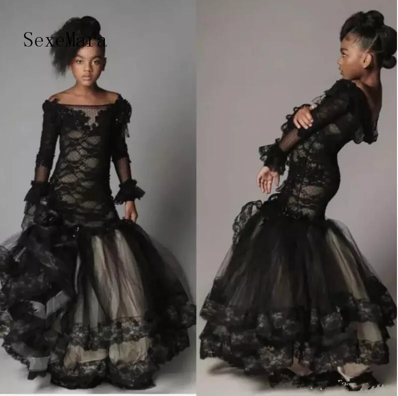 

Princess 2018 Flower Girl Dresses Lace Applique Floor Length Mermaid Long Sleeve Pageant Formal Dress Girls Birthday Party Dress