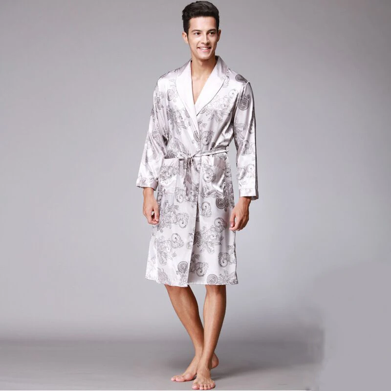 Mens Robe Long Sleeves Men's Satin Silk Robe Chinese Print Dragon Kimono Bath Gown Summer Long Bathrobe Night Dressing Gown