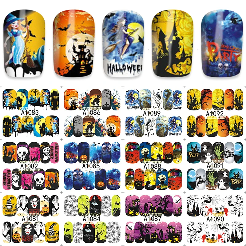 

Thrilling Pumpkin Design Nail Art Water Decals Nail Wraps Transfer Foil Nails Decorations Tools 12pcs/Lot A1081-1092