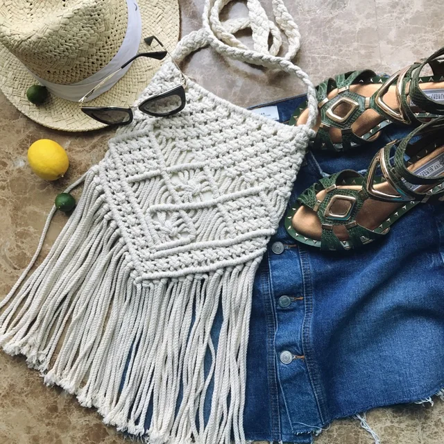 New Handmade Rope Woven Handbag Knitted Rattan Summer Beach Bag Tassel Bohe Bolsos Feminine Crochet Fringed Women Shoulder Bags 3