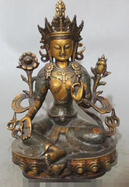 

S01071 12" Tibet Purple Bronze Gold Cloisonne Enamel Green Tara Kwan-Yin Goddess Statue B0403