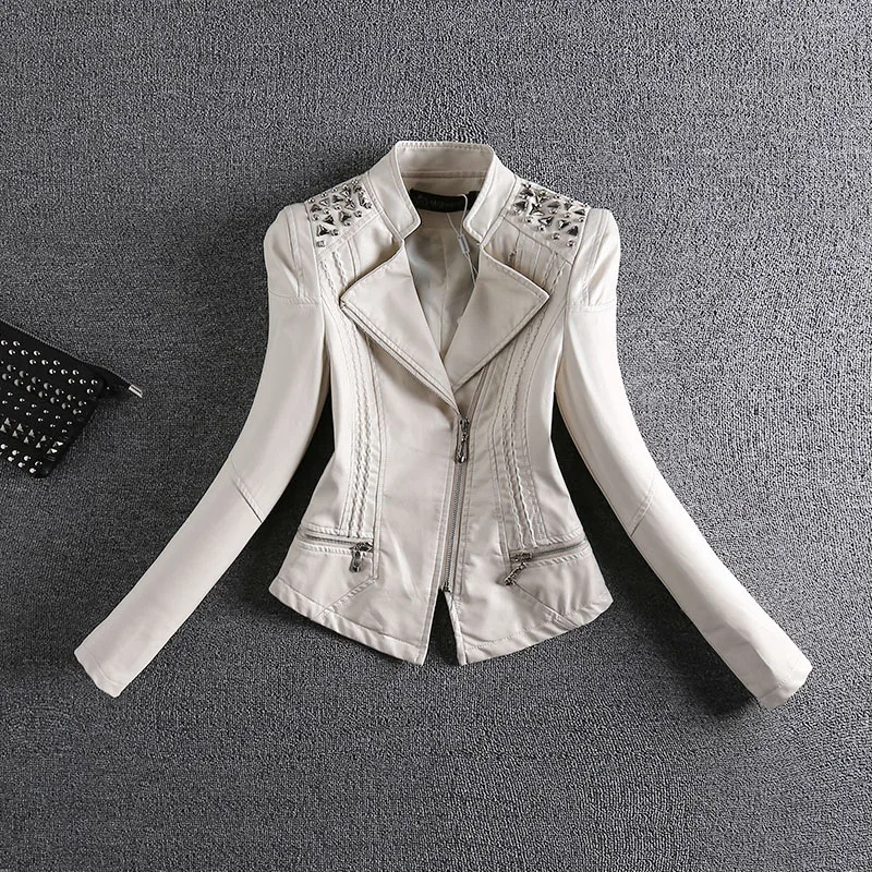 W1548 Coréenne Manteau Collier Moto Mince noir Vestes Automne Perles Veste Femmes M 4xl Cuir rouge Beige Stand 2018 De Courtes En Rivets Printemps Pu Rq75BXw