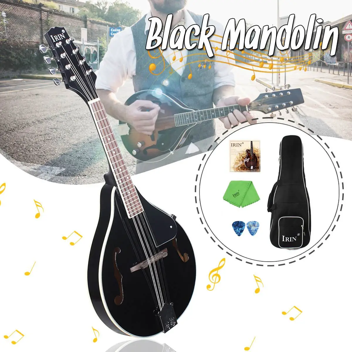 

F Style 8 Strings Black Mandolin With Rosewood Steel String Adjustable Bridge Music Instrument With Bag 2 Picks Rubbing Cloth