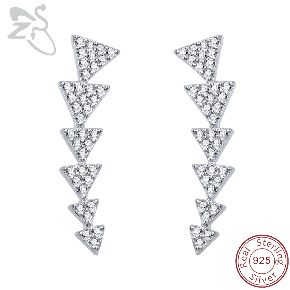 ZS класса люкс Треугольники серьги-клаймберы 925 пробы серебро CZ с украшением в виде кристаллов циркония серьги со шпилькой, для Для женщин милые серьги, Надеваемые На ушной хрящ