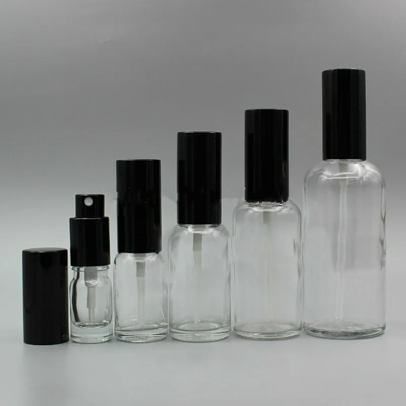 

5/10/15/20/30/50/100ML Empty Clear Glass Bottles Perfume Spray Bottle Black Cap Cosmetic Toner Lotion Pump Vial Glass Atomizer