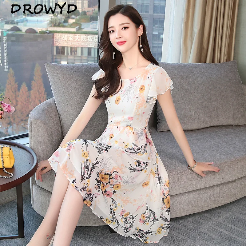 

Summer Women's Chiffon Floral Large Size Dress 2019 New Short Sleeve Round Collar Bohemian Korean Retro Elegant Dress Vestidos