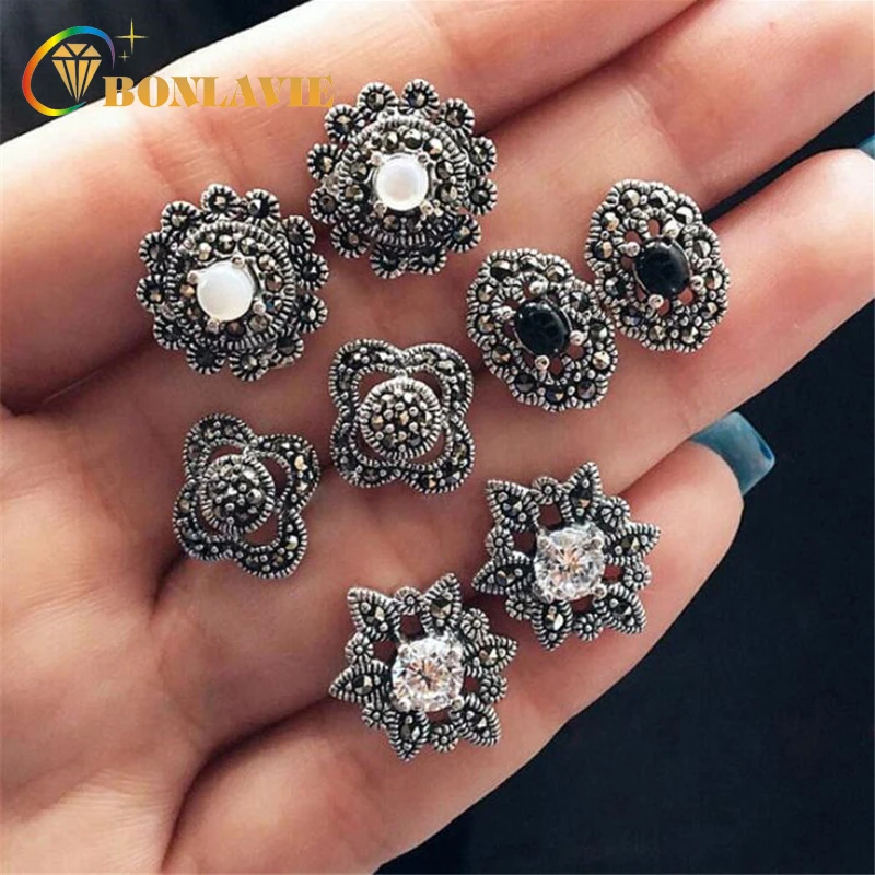 

4 Pcs/ Pairs Retro Opal Earrings Vintage Alloy Flowers Crystal Ear Nail Stud Earring Set Women Jewelry Gift Drop Shipping