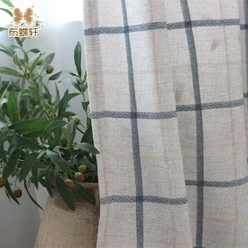 

Nordic Ins Style Chenille Linen Fabric Windows Curtains for Living Room Simple Plaid Pattern Kahki and Acid Blue Color