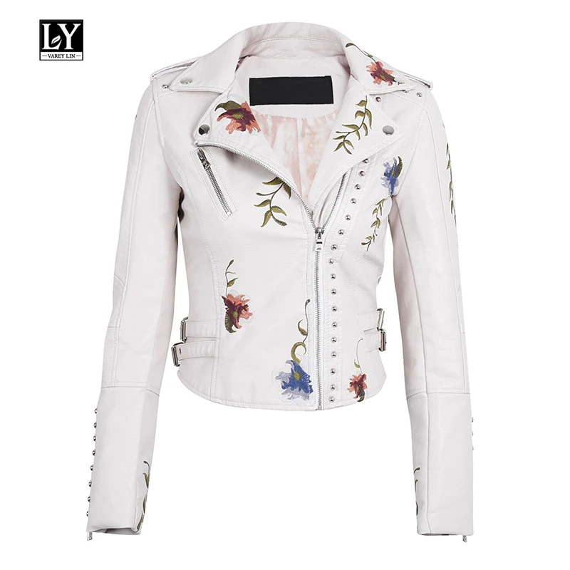 

Ly Varey Lin Faux Soft Leather Jacket Women Embroidery Floral Faux Leather Jacket Pu Motorcycle Epaulet Zipper Punk Outerwear