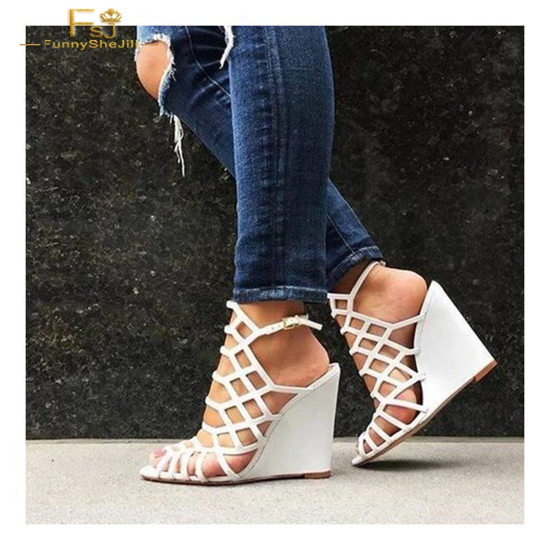 Fsj Cuir Wedge Sangle Arrière attaché Chaussures Cut Slingback Cage Femme Gladiateur Peep Toe Verni En Sandales Croix Blanc Laser Awaf88
