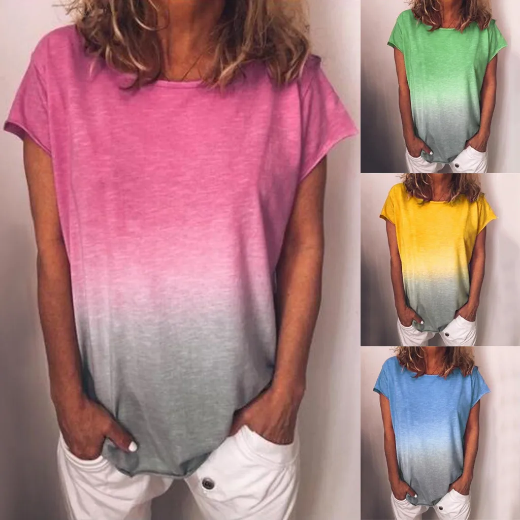 Womens Gradient Color Short Sleeved T-Shirt Casual Tunic Blouse Tops