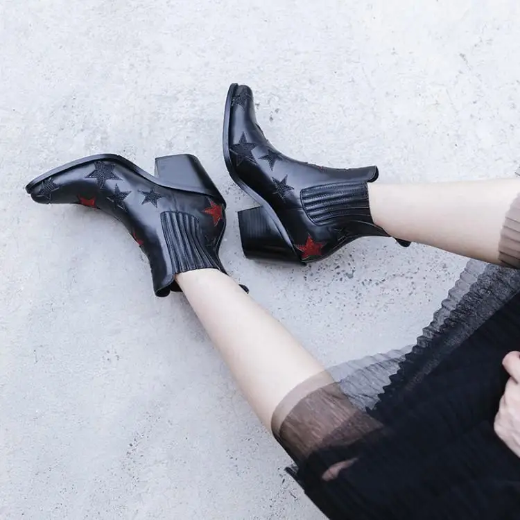 Модные черные кожаные ботильоны; женские ботинки с верхом в виде звезд; цвет красный, черный; женская обувь на шпильке; Zapatos De mujer; женская обувь без шнуровки