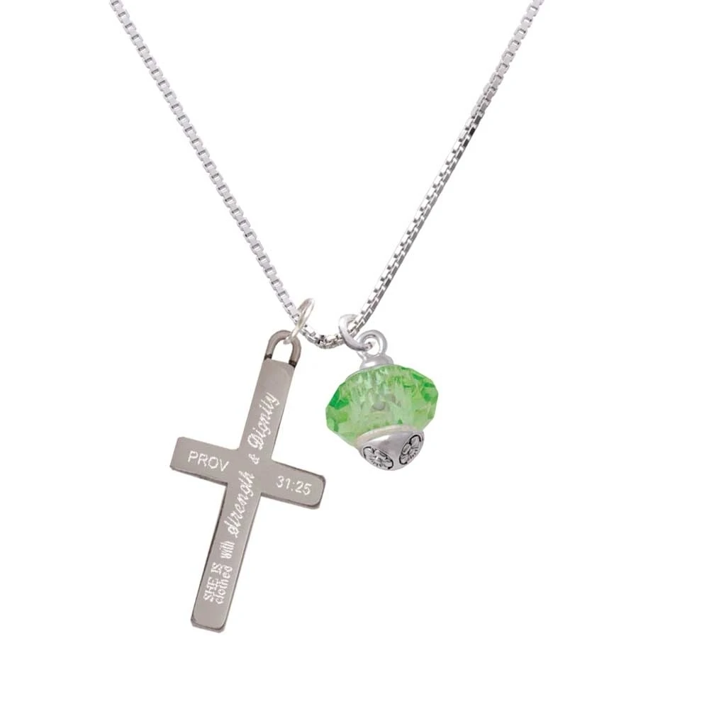 Lime Green Faceted Glass Spinner - Strength and Dignity - Cross Necklace