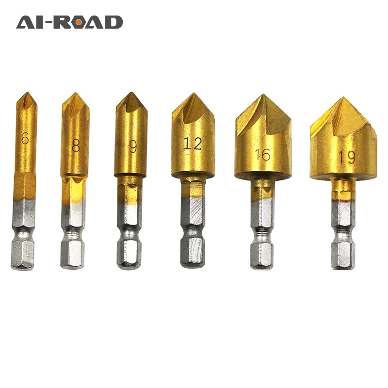 

5 Flute 1/4" Hex Shank HSS Wood Chamfering Cutter Chamfer 12/16/19mm Countersink Drill Bit 6mm-19mm Chamfer Six-piece Hand Tools