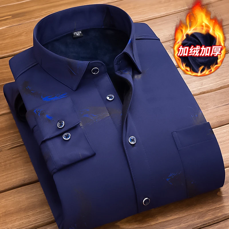 New Arrival Male Warm Long Sleeve Shirts Winter Thick Plush Business Clothes Elastic Slim Fit Casual Shirt