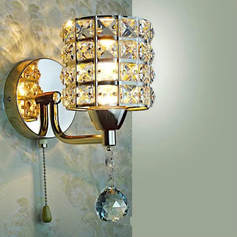 

AC85-265V pull chain switch crystal wall lamp lights Modern Zipper Stainless Steel Base lighting Sconce Wall Lights Led Lamp