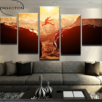 

OKHOTCN Framed Home Decor Paintings On Canvas Extreme Sports Posters And Prints 5 Panels Sunset Landscape Pictures Wall Artwork