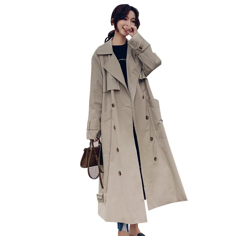 

2019 Women Trench double-breasted tie pocket loose temperament Female Spring Autumn Windbreaker Coats Khaki Outerwear V659