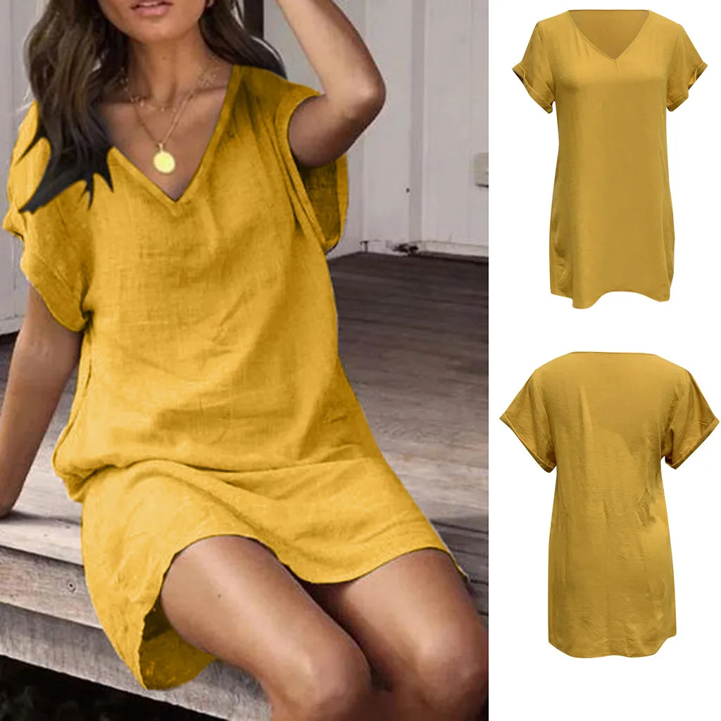 

Fashsiualy Women Casual Beach V Neck Short Sleeve Solid Color Loose Ladies Mini Dress Bohemian Vestidos Drop Shipping