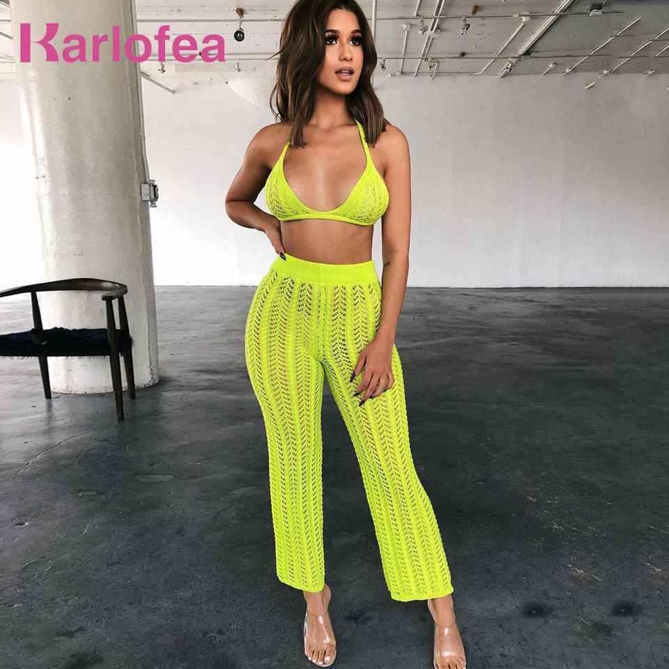 

Karlofea Summer Knitted Sets Women Sexy Halter Bra And Long Pants Outwear Suit Club Party Wear Fashion Beach Vacation Outfit Set
