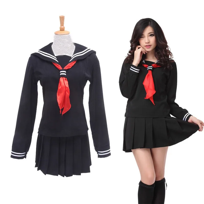 Japanese Women Enma Ai Black Long Sleeve Sailor School Uniform Cosplay Costume