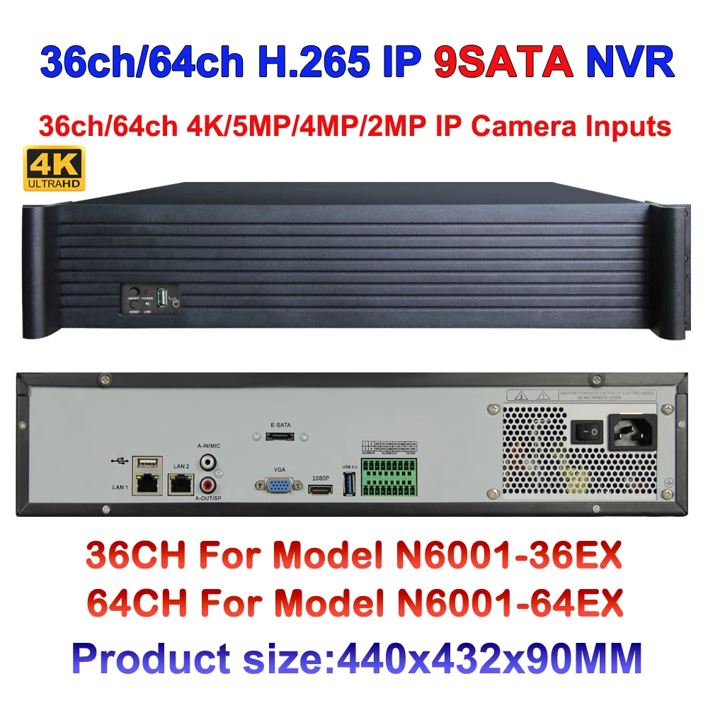 

H.265 CCTV Motion Detect NVR With Audio 36ch 64ch 4K/5mp/3mp/2mp IP Security Camera Recorder with VGA HDMI Output, 9*SATA Ports