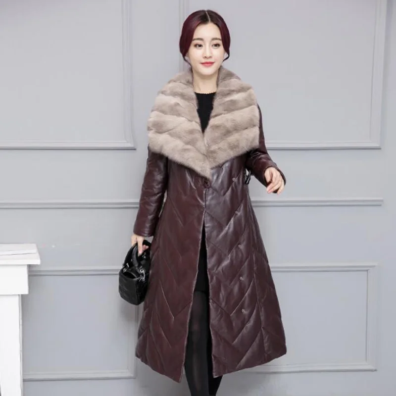 2018 Women Winter Leather Down Jacket New Big Fur Collar Faux Leather Slim Long Duck Down Coat Elegant Women Overcoat Plus Szie