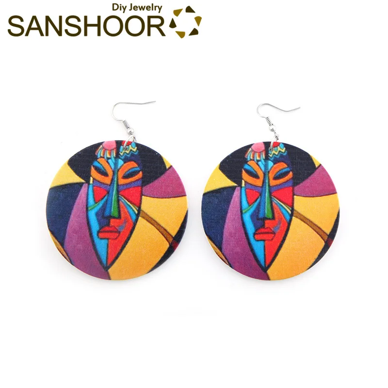 

SANSHOOR Printed Wooden Earring Mysterious Mask Colorful Painted Pick for Black Woman African Afro Style Fashion Jewelry 1 Pair