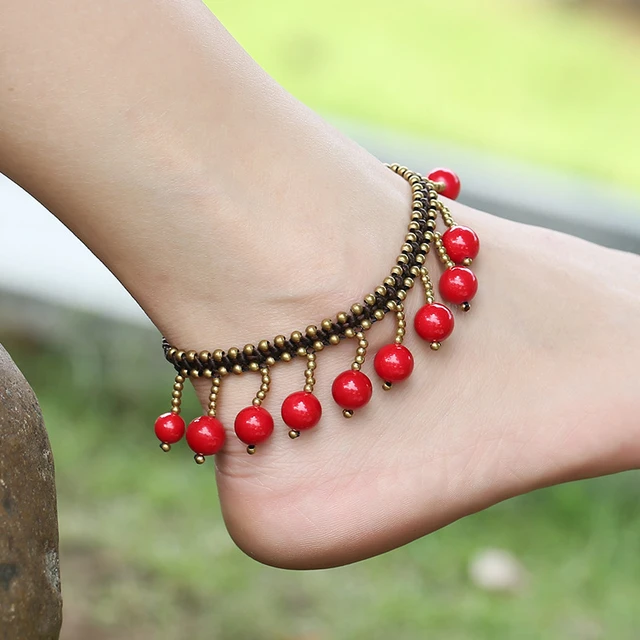 Bracelet de cheville tricoté à la main, style bohème, Sexy, rétro, perlée,  rouge, perles, frange, accessoires pour pieds, nouvelle collection été 2018  | AliExpress