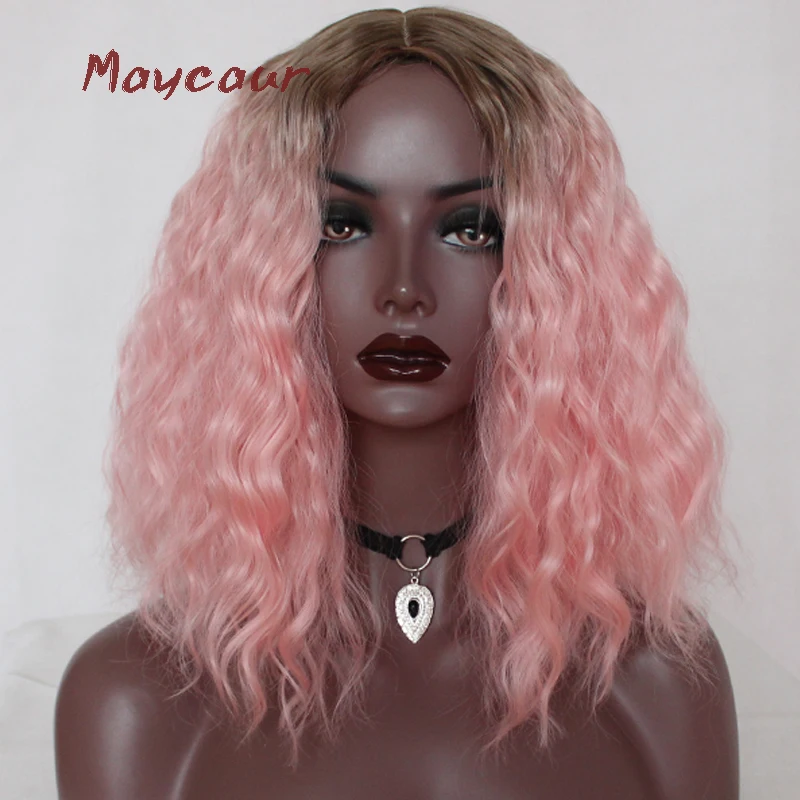 Ombre Pink Synthetic None Lace Wig Loose Curly Natural Hair Wigs