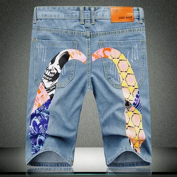 

Fashion Mens Denim Shorts Giraffe Print Jeans Shorts Summer Cotton Knee Length Straight Shorts for Male 538