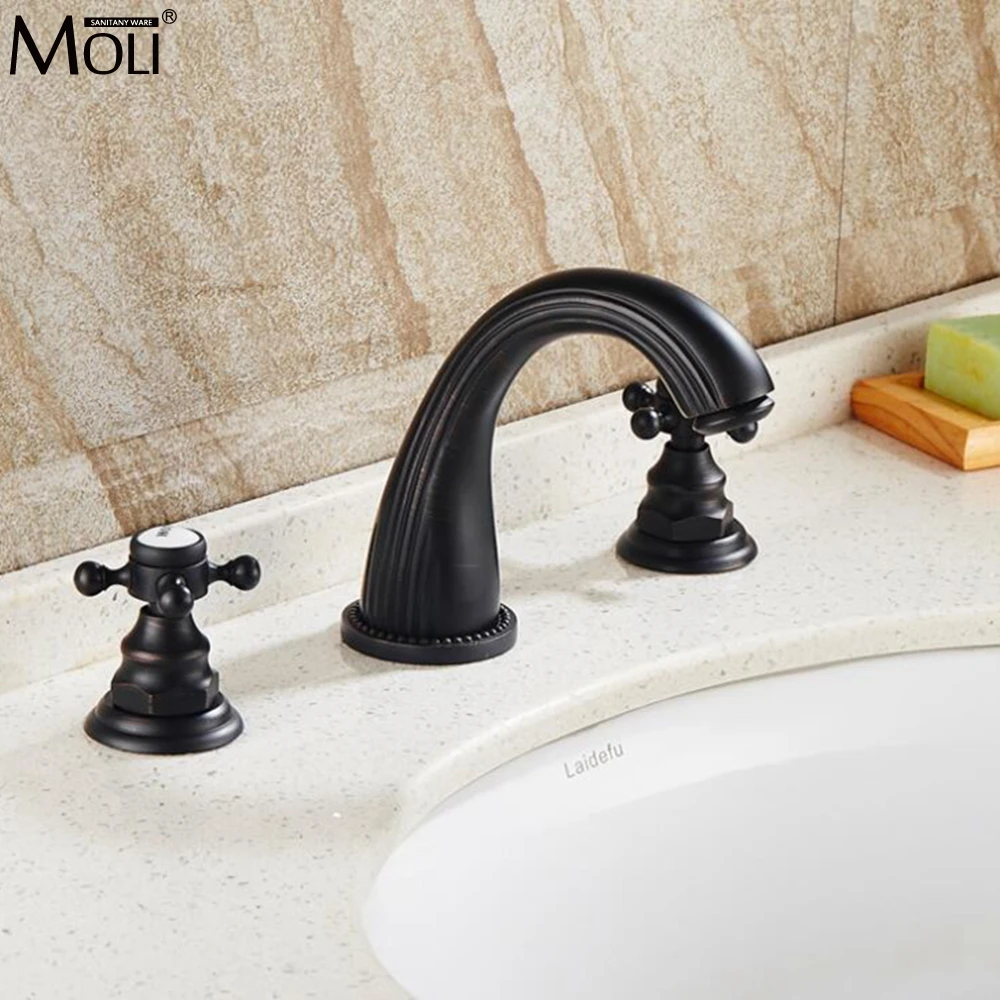 

Bathroom Widespread Sink Faucet Dual Handle 3 hole Basin Sink Faucet Hot and Cold Water Mixer Oil Rubble Bronze Finished
