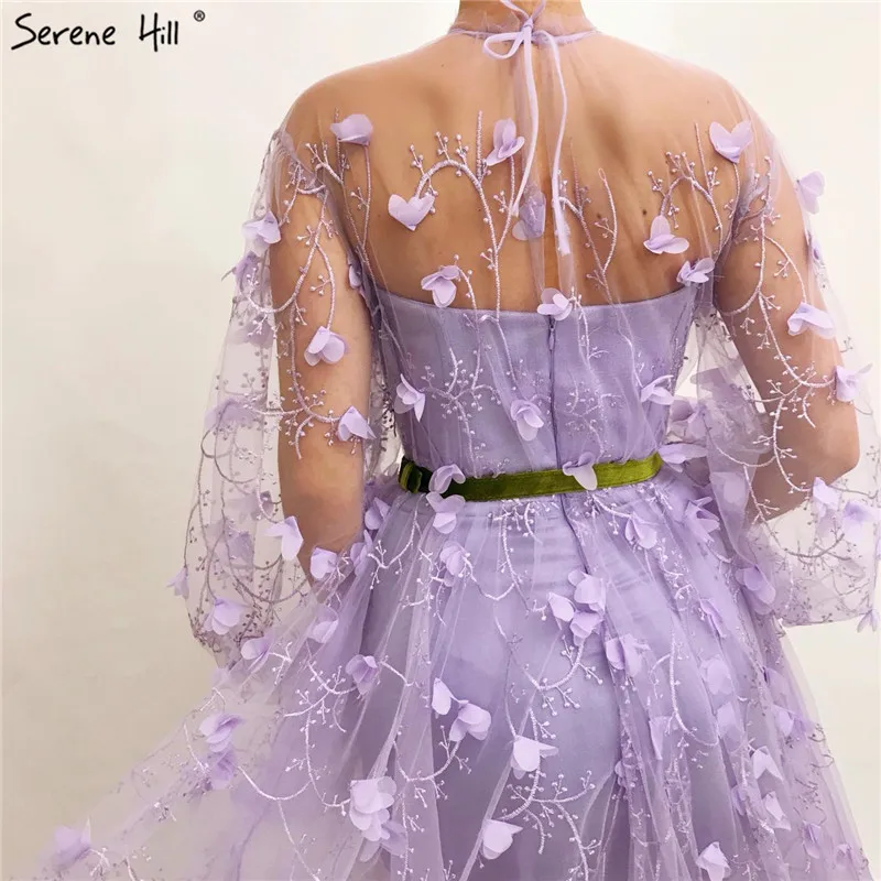 Фиолетовые Соблазнительные вечерние платья с длинным рукавом и высоким воротом, вечерние платья ручной работы с цветами Serene Хилл LA60950