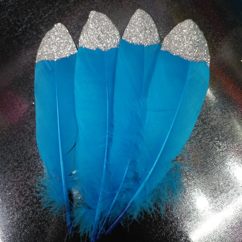 

Wholesale natural high quality blue plus silver goose feather 10pcs long 6-8 inch /15-20 cm DIY clothing decoration decoration