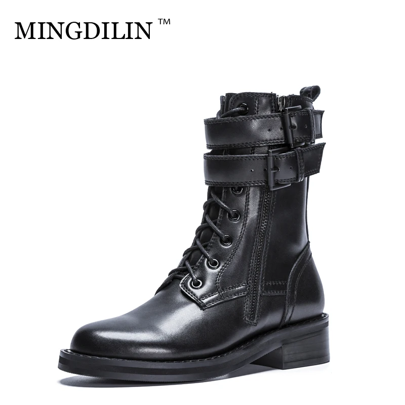 

MINGDILIN Natural Leather Fashion Ankle Boots Round Head Coarse Heel Keep Warm Comfortable Trend Party Woman Low Heel Short Boot