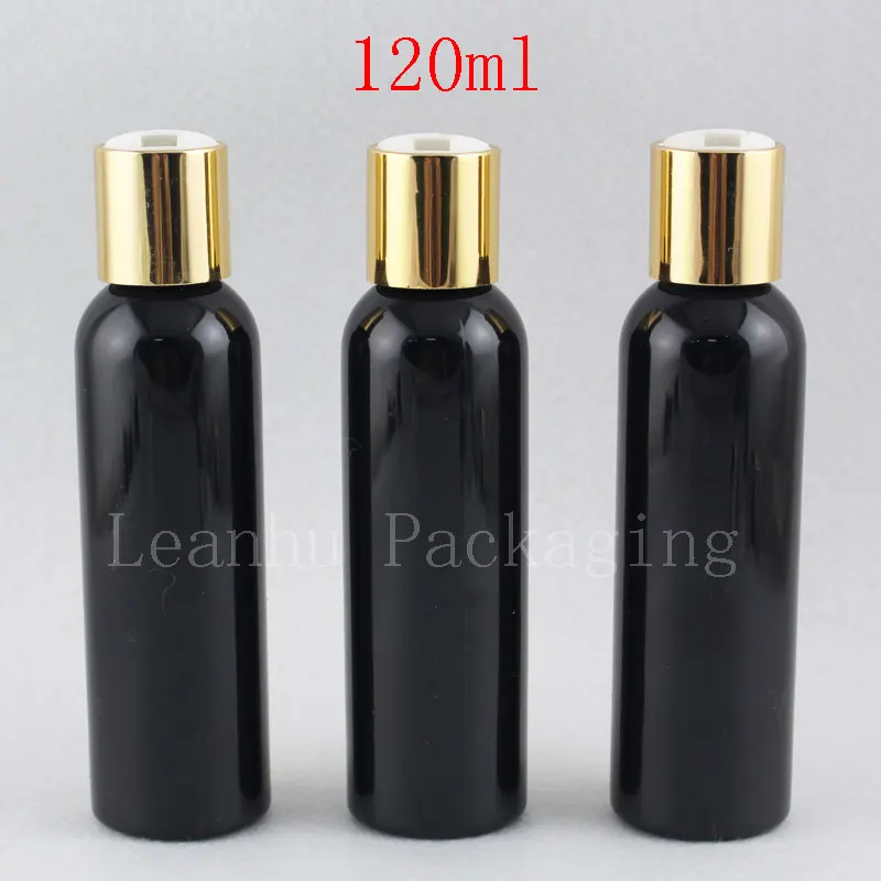 

120ml Empty Round Black Liquid Soap Lotion Cosmetic Bottle Containers Gold Aluminum Disc Top Cap,Metal Cap Lotion Bottles 4oz